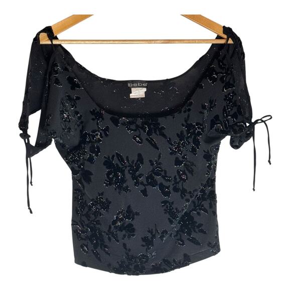 Vintage BeBe Women's Black Silver Floral off shoulder Crop Top Large Boho Goth - Picture 7 of 11